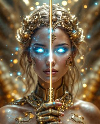 The primary subject of the image is a woman with blue eyes and gold hair. She is wearing a gold crown and has a gold sword in her hand. The setting is a fantasy-themed environment, with a gold background and a blue sky. The visual style is a digital art illustration, creating a vibrant and magical atmosphere. The colors and mood of the image are predominantly gold and blue, giving it a sense of elegance and fantasy.
